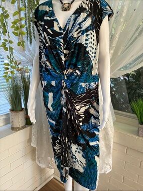 Calvin Klein Blue, Black & White Twist-Front Midi Dress